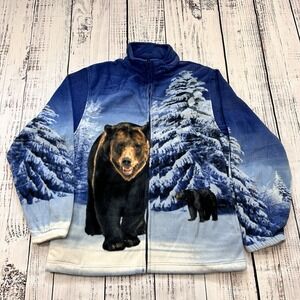 Retro Trail Crest Fleece L Photoreal Bear Zip Jacket Wildlife Scene Cabincore
